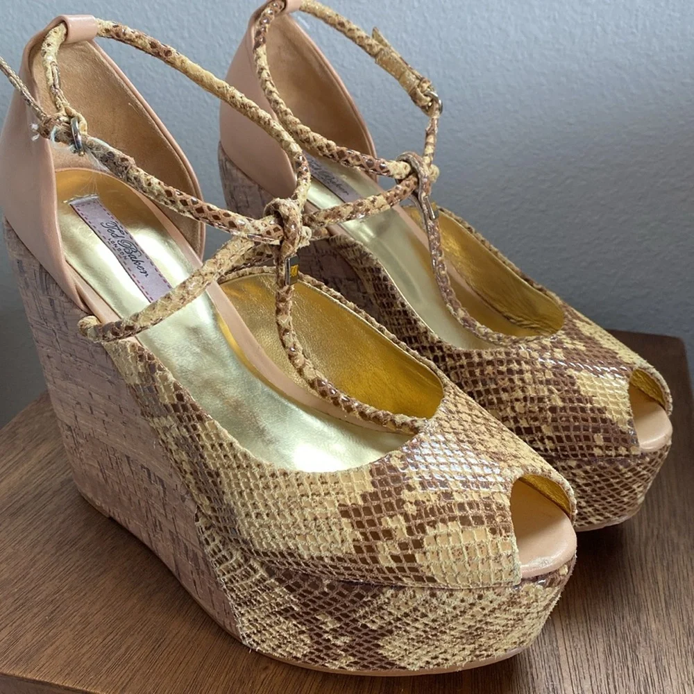 Ted Baker London Leuzea Snakeskin Open Toed Cork Platform Shoes, Women’s 8